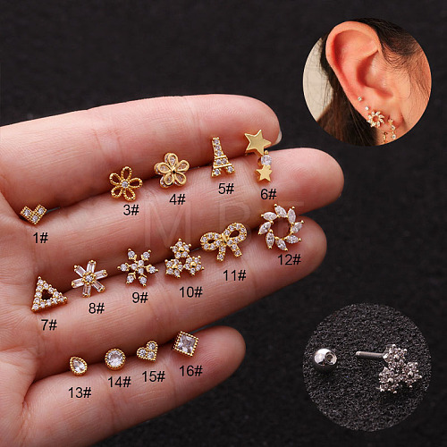 316L Surgical Stainless Steel Micro Pave Clear Cubic Zirconia Bowknot Cartilage Earrings WGCF17E-24-1