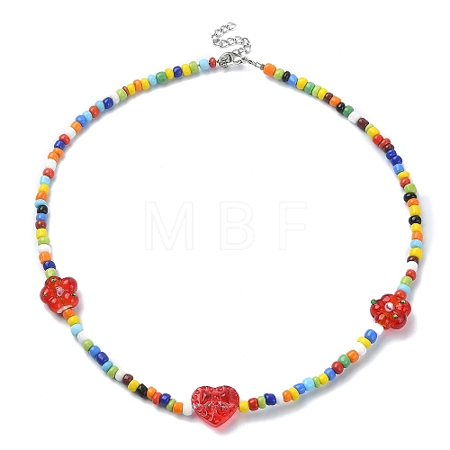 Flower & Heart Lampwork & Glass Seed Beaded Necklaces NJEW-JN04374-1