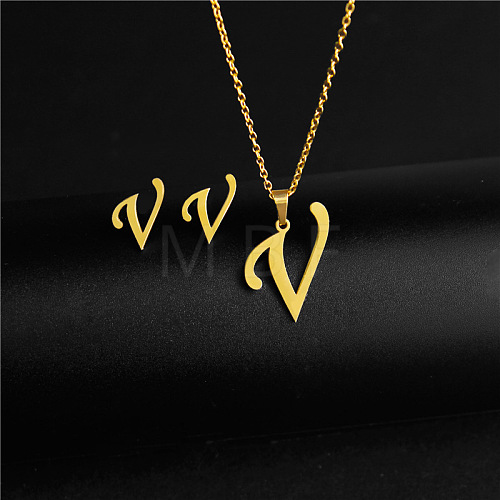 304 Stainless Steel Letter Pendant Necklaces & Stud Earrings Sets WG4BFDA-22-1