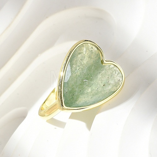 Heart Brass Natural Green Strawberry Quartz  Finger Rings RJEW-D304-01G-C-1