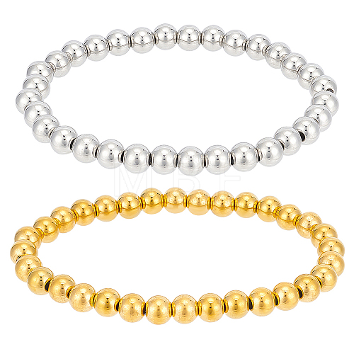 4Pcs 2 Colors 201 Stainless Steel Round Beaded Stretch Bracelets Set for Men Women BJEW-BC0001-15B-1