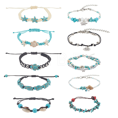 10Pcs 10 Style Synthetic Turquoise & Natural Shell & Seed Braided Bead Bracelet & Anklet AJEW-AN0007-10-1
