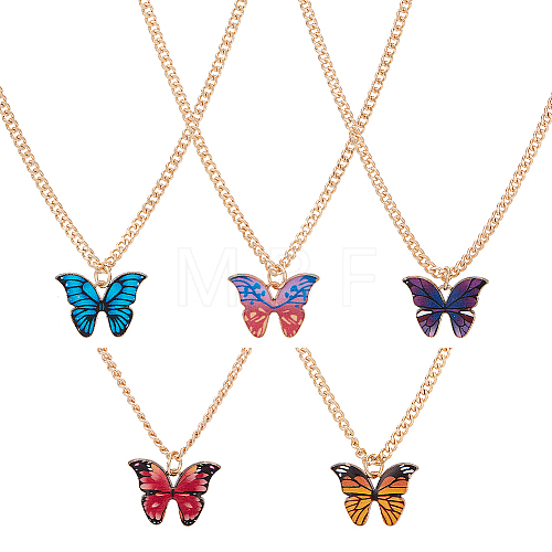 ANATTASOUL 5Pcs 5 Colors Butterfly Alloy Enamel Pendant Necklaces for Women NJEW-AN0001-80-1