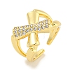 Rack Plating Brass Micro Pave Cubic Zirconia Cross Open Cuff Ring for Women RJEW-C082-10G-1