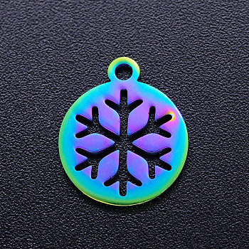 Ion Plating(IP) 201 Stainless Steel Charms, Flat Round with Christmas Snowflake, Rainbow Color, 14x12x1mm, Hole: 1.5mm
