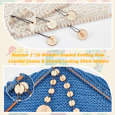  Number 1~10 Wooden Beaded Knitting Row Counter Chains & Charms Locking Stitch Makers DIY-NB0010-23-1