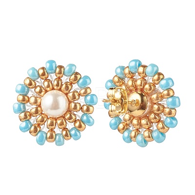 Shell Pearl & Glass Seed Braided Flower Stud Earrings EJEW-JE04921-02-1