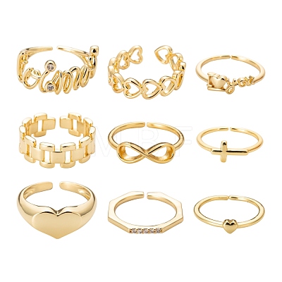 9Pcs 9 Style Brass Cuff Rings RJEW-LS0001-11G-1