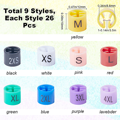 CRASPIRE 234Pcs 9 Colors 2XS~4XL Plastic Clothing Trouser Size Markers KY-CP0001-08-1