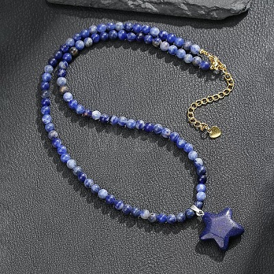 Bohemian Natural Lapis Lazuli Star Pendant 4MM Round Dyed Synthetic Turquoise Beaded Necklaces FI0922-2-1