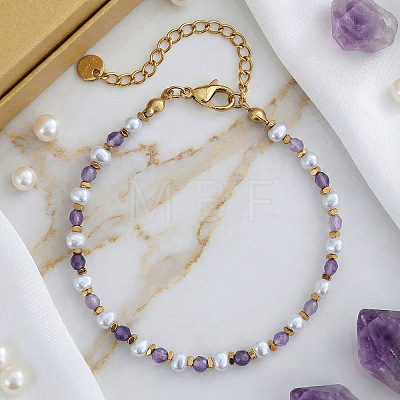 Natural Amethyst & Imitation Pearl Beaded Bracelets for Women UB9347-1