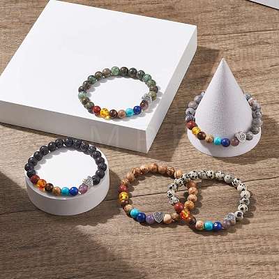 Mixed Gemstone Stretch Bracelet with Alloy Heart Beads BJEW-JB08099-1