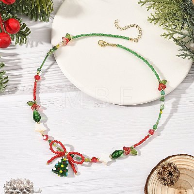 Brass Handmade Lampwork Christmas Tree Pendant Glass Beaded Necklaces NJEW-TA00275-1