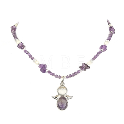 Natural & Synthetic Mixed Gemstone Angel Pendant Necklace with Shell Pearl Beaded Chains NJEW-JN04373-1