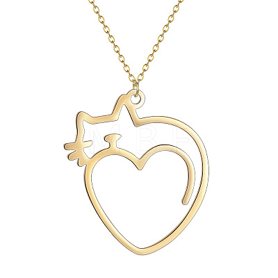 201 Stainless Steel Heart with Cat Outline Pendant Necklaces for Women FS-WG6120F-01-1