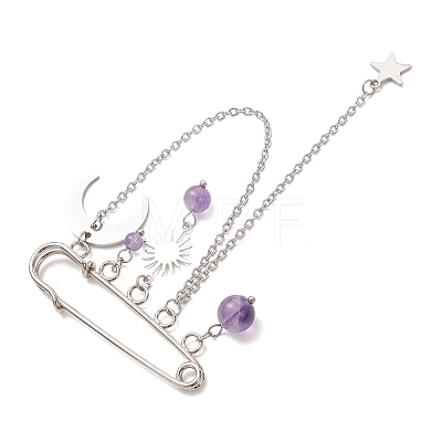 Amethyst & Brass & 304 Stainless Steel Pendant Brooches JEWB-TA00025-1