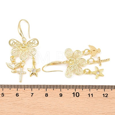 Cross with Bird & Starfish Brass Clear Cubic Zirconia Dangle Earrings EJEW-H182-01G-1