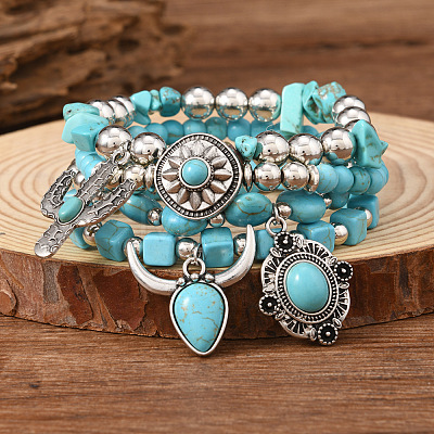 4Pcs Synthetic Turquoise & CCB Beaded Stretch Bracelets FS-WGC8DBE-03-1