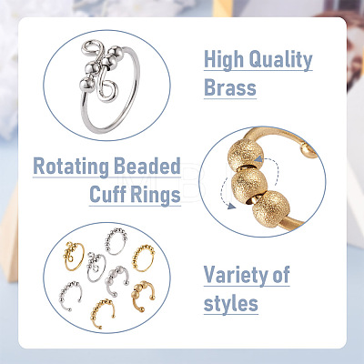 8Pcs 8 Style Brass Rotating Beaded Cuff Rings RJEW-SW0001-01-1
