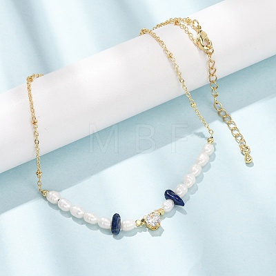 Natural Lapis Lazuli Chip and Rice Natural Pearl Beaded Necklaces GG-CBA3297-15G-C-1