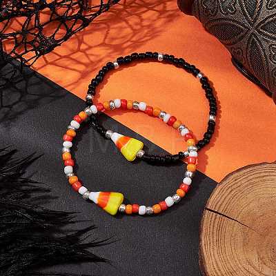 2Pcs 2 Colors Halloween Candy Corn Acrylic & Glass Seed Beaded Stretch Bracelet Sets BJEW-JB10524-1