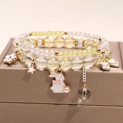 2Pcs 2 Styles Plastic & Glass Beaded Stretch Bracelets FS-WGE3E77-06-1