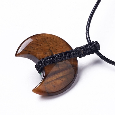 Adjustable Natural Tiger Eye Double Horn Pendant Necklace with Wax Cord for Women NJEW-B086-01E-1