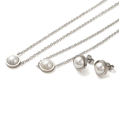 Flat Round Plastic Imitation Pearl Pendant Necklaces & Bracelets & Stud Earrings Sets SJEW-C004-02P-1