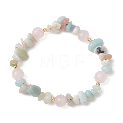 Round Natural Rose Quartz & Flower Amazonite Chips & Brass Beads Stretch Bracelets for Women BJEW-TA00715-1
