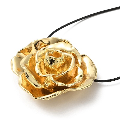 Zinc Alloy Rose Flower Pendant Necklace with Leather Cords NJEW-D044-01KCG-1