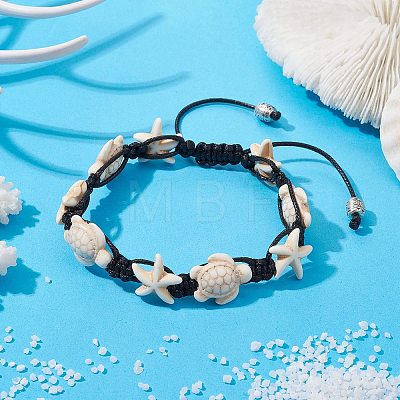 Synthetic Turquoise Starfish & Turtle Braided Bead Bracelet BJEW-TA00388-02-1