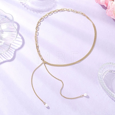 Natural Pearl Round Tassel Brass Twisted Chain Cable Chain Lariat Necklaces NJEW-JN05843-1