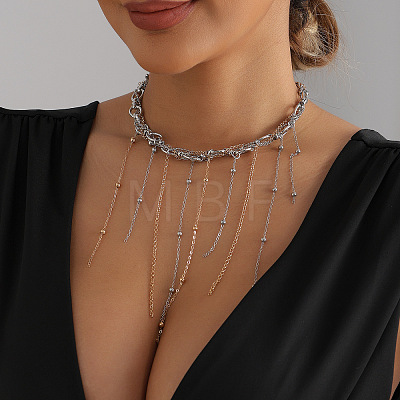 Two Tone Alloy Chain Tassel Bib Necklaces for Women WG44043-01-1