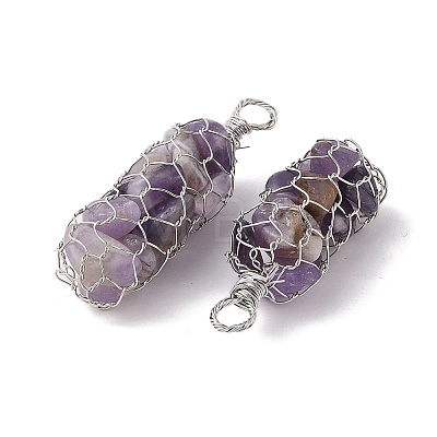 Rack Plating Copper Wire Wrapped Natural Amethyst Chip Big Pendants G-C130-01P-02-1