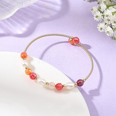 Natural Banded Agate(Dyed & Heated) Round and Rice Pearl Beaded Copper French Wire Cuff Bangles BJEW-JB14374-02-1