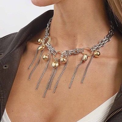 Brass & Alloy Round Ball Chain Tassel Bib Necklaces for Women WGA86A7-01-1
