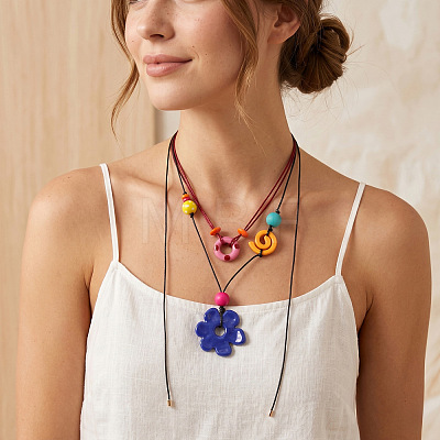 Resin and Wood Flower Conch Shape Pendant Waxed Cord Double Layer Necklaces for Women WG7D97B-01-1