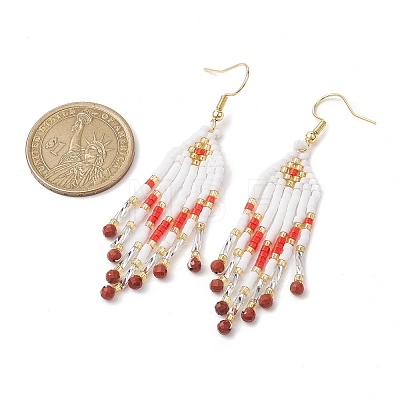 Woven Seed Beads & Natural Red Jasper Tassel Earrings EJEW-MZ00154-01-1