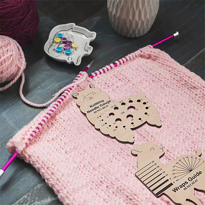 1 Set Sheep Shape Wooden Knitting Needle Gauge & Yarn Wrap Guide Board DIY-BC0006-95-1