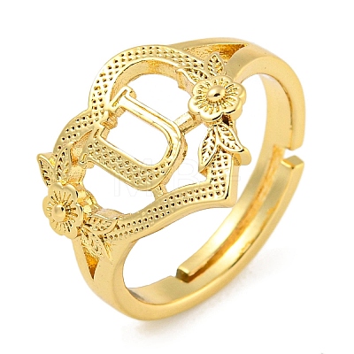 Heart with Letter & Flower Rack Plating Brass Adjustable Rings for Women RJEW-I105-05G-U-1