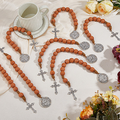 8Pcs Natural Wood Beehive Shaped Beads with Alloy Pendant Display Decorations HJEW-FH00273-1