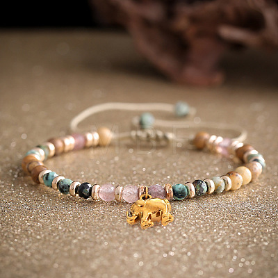 Adjustable Natural Picture Jasper & African Turquoise(Jasper) & Strawberry Quartz Beads Braided Bead Bracelets SX3776-1