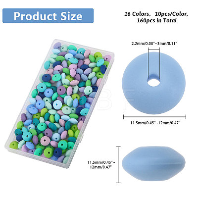 CHGCRAFT 160Pcs 16 Colors Rondelle Food Grade Eco-Friendly Silicone Abacus Beads SIL-CA0003-17-1