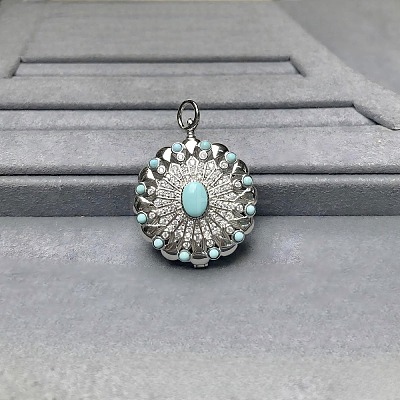 925 Sterling Silver Pave Dyed Synthetic Turquoise Diffuser Locket Pendants G-C276-02-1