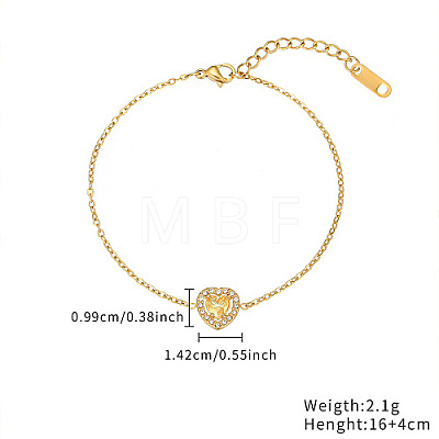 Cubic Zirconia Heart Link Bracelet with Golden Stainless Steel Chains OQ9710-3-1