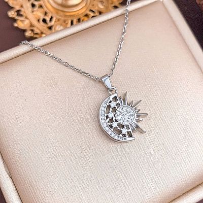 Brass Micro Pave Clear Cubic Zirconia Moon with Sun Pendant 304 Stainless Steel Cable Chain Necklaces for Women WG40DAD-04-1