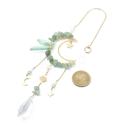 Natural Green Aventurine Chips & Brass Moon Pendant Decorations HJEW-TA00066-02-1