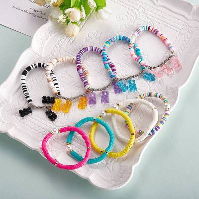 Polymer Clay Heishi Beads Stretch Charm Bracelets BJEW-SZ0001-33-1