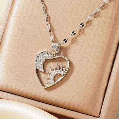 Gorgeous Brass Micro Pave Clear Cubic Zirconia Heart with Moon Sun Pendant Elegant Fashion Necklaces SS6030-2-1