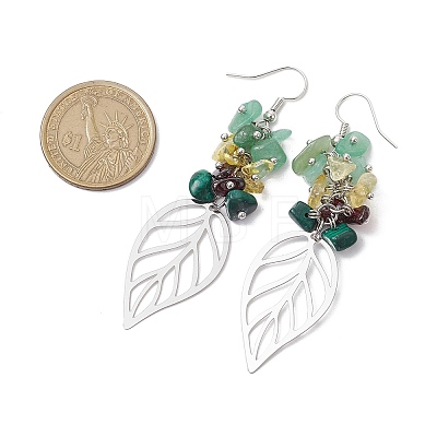 Leaf 201 Stainless Steel Natural Citrine & Natural Green Aventurine & Natural Malachite & Natural Garnet Chip Dangle Earrings EJEW-JE06138-02-1